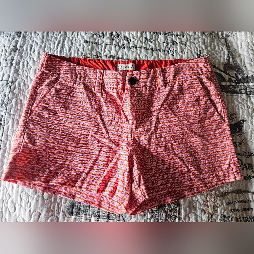 Merona Shorts Cream Red Purple Striped High Rise Comfy Cotton Casual Size 6